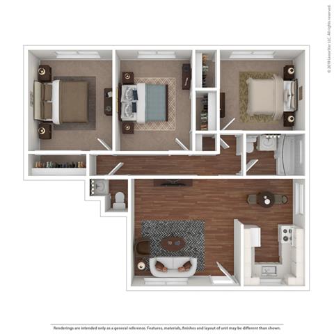 3 bedroom layout at Colonial Garden Apartments, California
