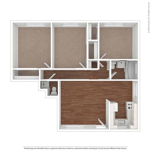 3d 3 bedroom floor plan at Colonial Garden Apartments, San Mateo