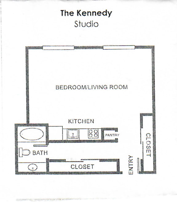 A diagram of the Kennedy Studio shows a bedroom, kitchen, bathroom, and closet.