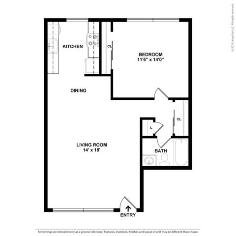 2d 1 bed Floor Plan at Peninsula Pines Apartments, California, 94080