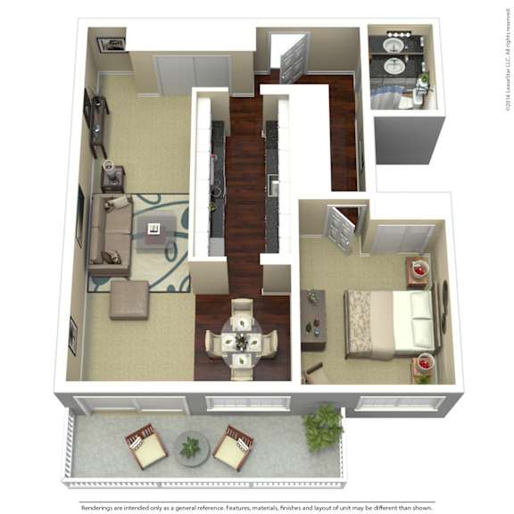 A 3D floor plan of a house with a living room, dining room, kitchen, and bathrooms.