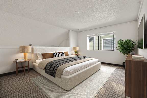 Clean and minimal bedroom design at AVIA Lofts on Parkway, Vancouver, WA