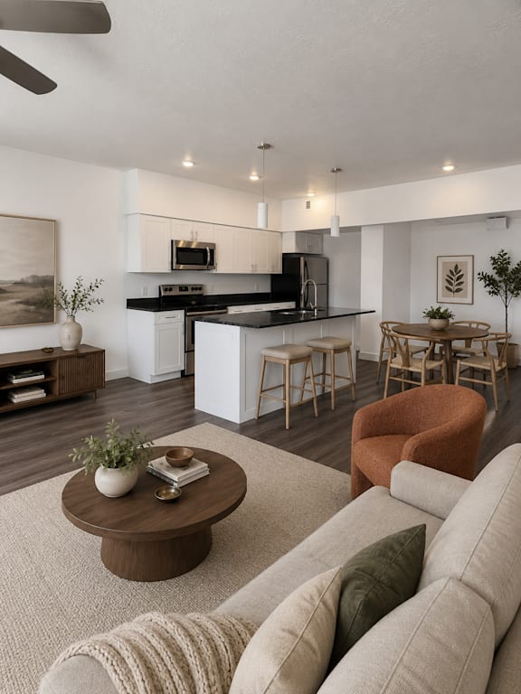 A modern living room with a brown coffee table and a beige sofa.