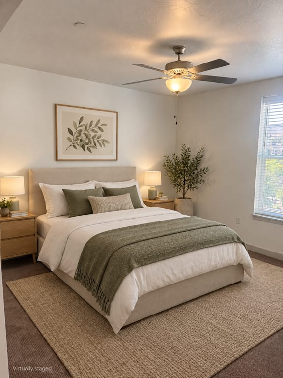 A bedroom with a large bed and a ceiling fan.