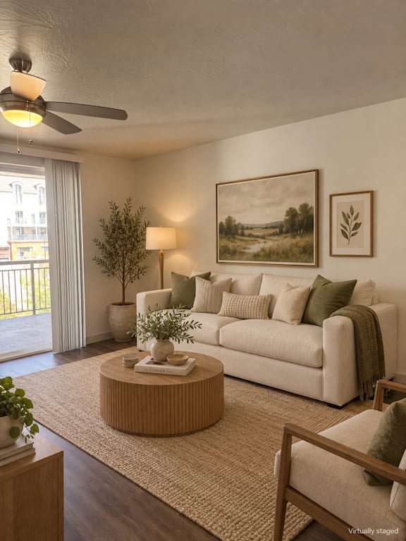 A living room with a white couch, a coffee table, and two framed pictures on the wall.