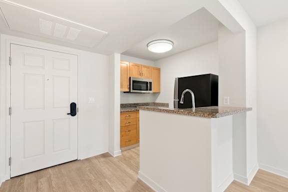 Bright Kitchen with Black Fridge and sink1 at AVIA on Pike Street, Washington, 98101