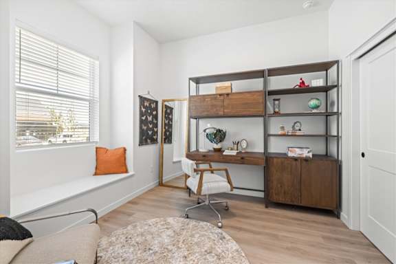A room with a desk, chair, and shelves with various items.