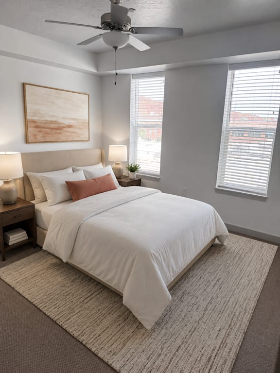 A bedroom with a large bed and a ceiling fan.