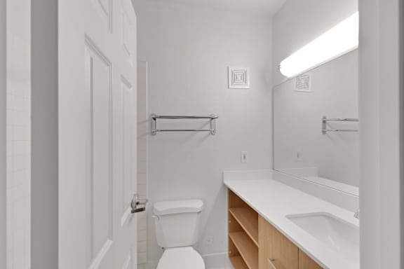 White Bathroom Interior at AVIA Apartments On Alpha, Dallas, TX