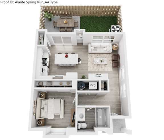 A top down view of a house layout with a kitchen, living room, dining room, and optional extra bedroom.