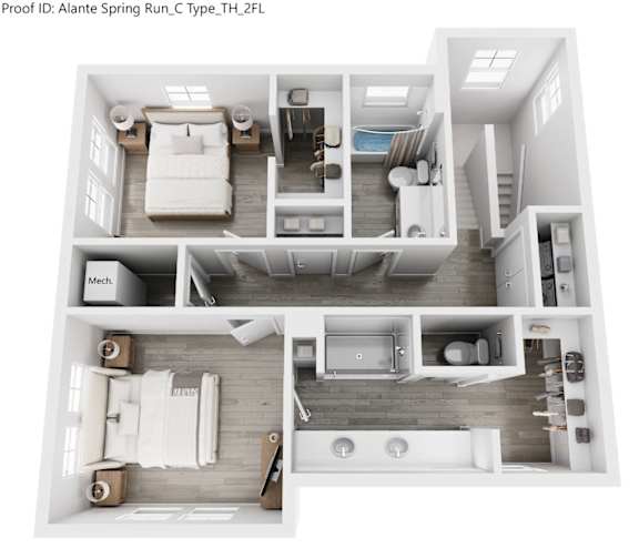 A top-down view of a modern, white-walled apartment with a bedroom, living room, kitchen, and bathroom.