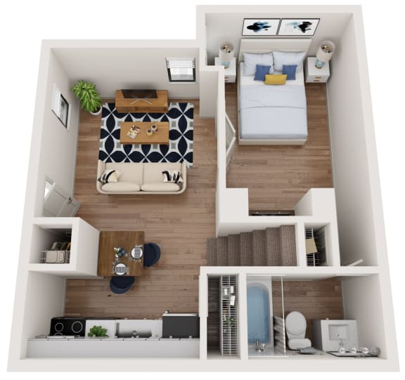a floor plan of a one bedroom apartment with two beds and a balcony