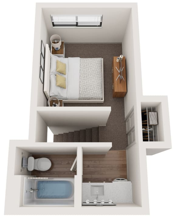 a bedroom with a bed a sink and a mirror