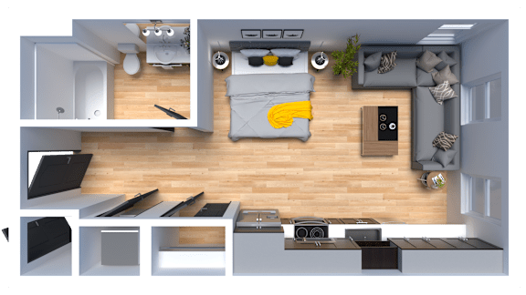A modern kitchen with a wooden floor and white walls.