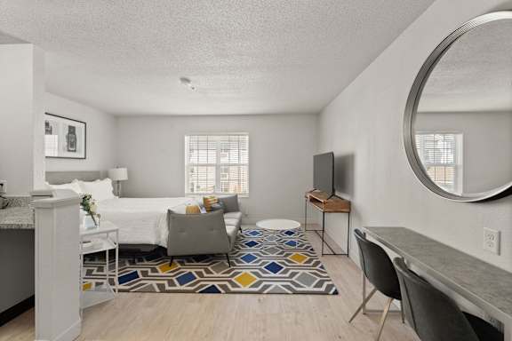 A living room with a grey couch, a white bed, a round mirror, and a rug with a geometric pattern.