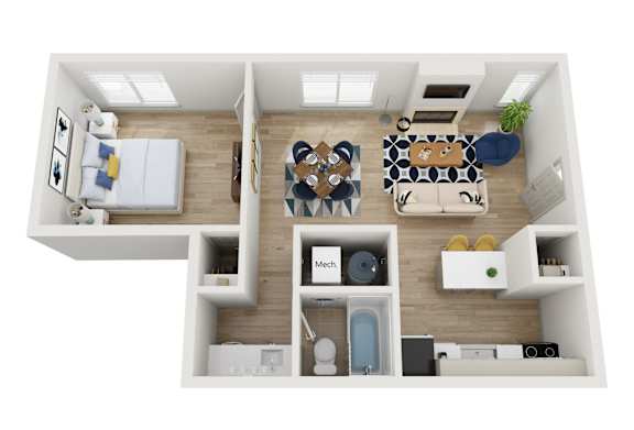 Income restricted home 1 bed 1 bath floor plan at AVIA Lofts on Parkway in Vancouver WA featuring an open concept layout modern kitchen spacious bedroom full bathroom at AVIA Lofts on Parkway, Vancouv