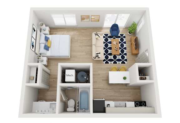 Floor Plan  Income restricted MHA home Hudson studio floor plan at AVIA Lofts on Parkway in Vancouver WA featuring an open concept layout modern kitchen efficient living space at AVIA Lofts on Parkway, Vancouver