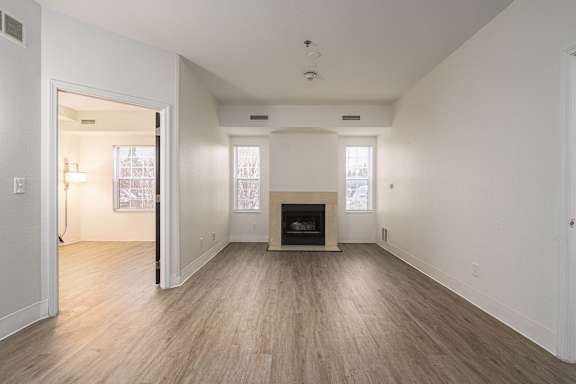 Living room with fireplace at AVIA Lofts on Victors Way, Ann Arbor, MI, Michigan