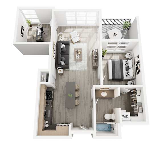 1-bedroom, 1-bath apartment floor plan with den and private balcony at Brickside Heights, Millcreek, UT, 84106