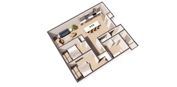 Dali Bleu income restricted 2 bed 1 bath floor plan at Paperbox Lofts in Salt Lake City UT featuring a spacious open concept layout modern kitchen comfortable bedrooms full bathroom