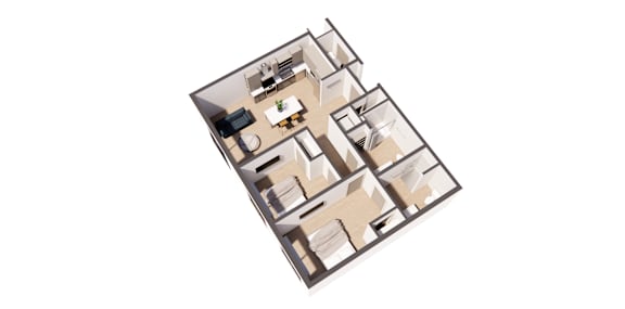 Dali Rouge income restricted 2 bed 2 bath floor plan at Paperbox Lofts in Salt Lake City UT featuring a spacious open concept layout modern kitchen two private bathrooms comfortable bedroom