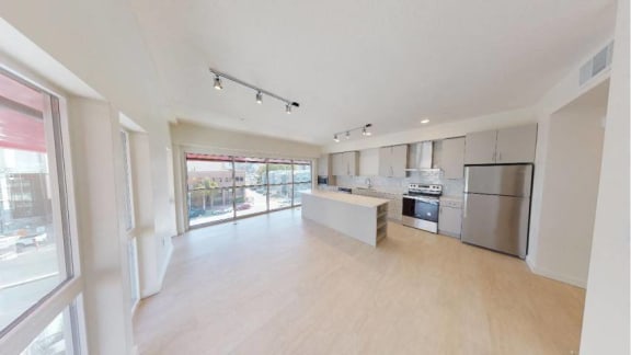 Dali Noire Living and Kitchen Overview at Paperbox Lofts, Salt Lake City, Utah, 84101