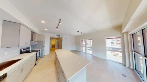 Dali Noire Living and Kitchen Overview at Paperbox Lofts, Salt Lake City
