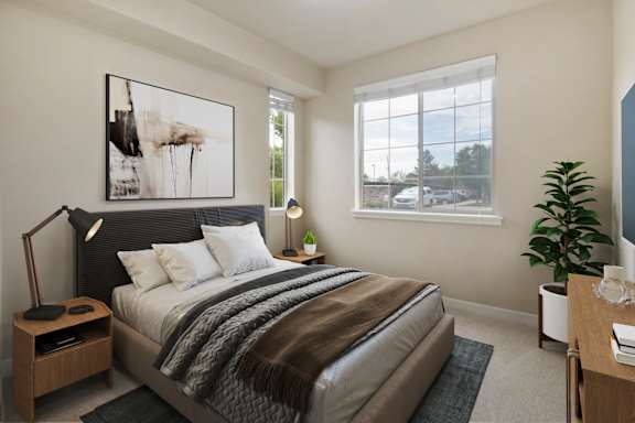 A bedroom with a large bed and a painting on the wall. at Siena Villas Apartments, Utah, 84097