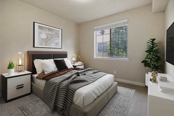 A bedroom with a large bed, a nightstand with a plant, and a window with a view of trees. at Siena Villas Apartments, Orem, 84097