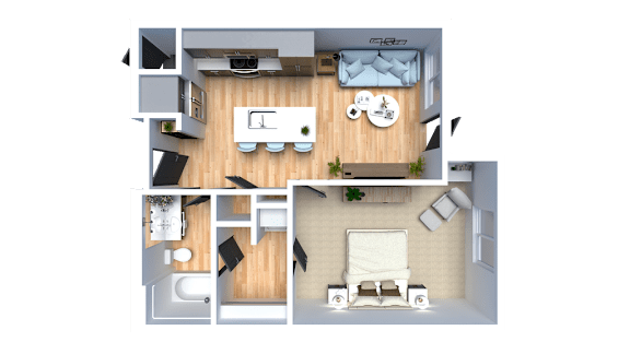 A top-down view of a small apartment with a bedroom, living room, and kitchen.