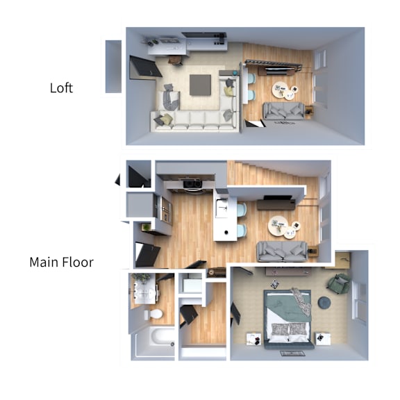 A floor plan of a loft and main floor with furniture and appliances.