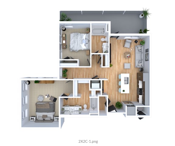 A top-down view of a modern apartment layout with a kitchen, living room, and bedrooms.