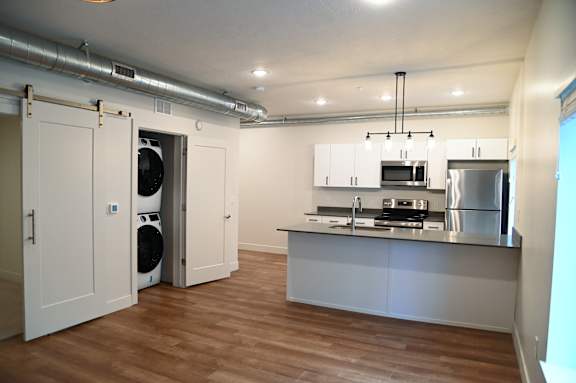 A kitchen with a washing machine in the laundry room.