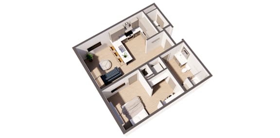 Monet Rouge income restricted 1 bed 1 bath floor plan at Paperbox Lofts in Salt Lake City UT featuring an open concept layout modern kitchen full bathroom