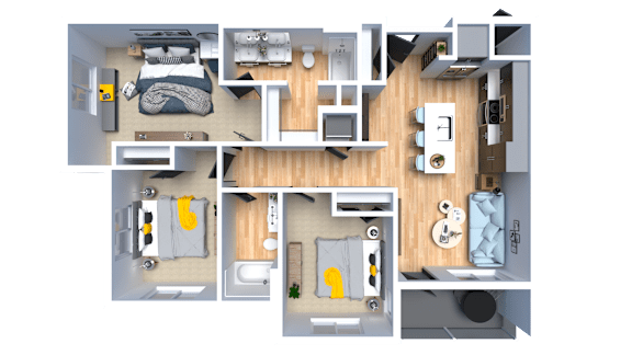 A detailed 3D floor plan of a small apartment layout.