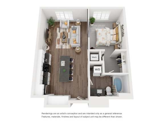 A top-down view of a modern kitchen and living room.