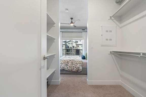 A white room with a bed and a ceiling fan.