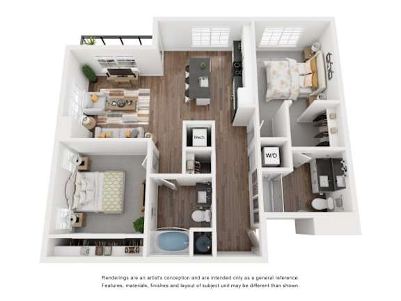 A floor plan of a house with a kitchen, living room, dining room, and two bedrooms.