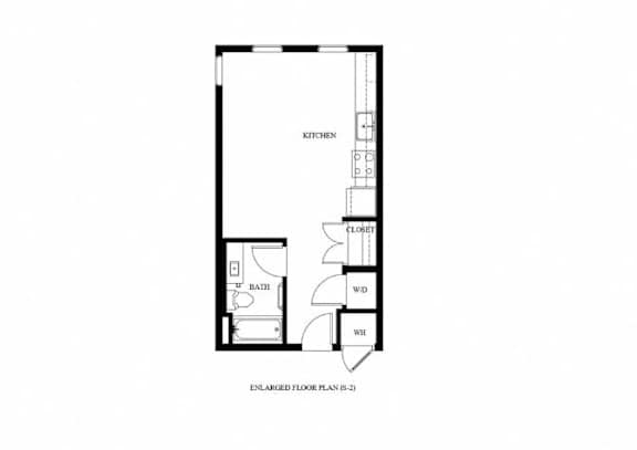 A black and white image of an enlarged floor plan for a small room with a kitchen, bathroom and closet.