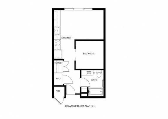 A black and white floor plan of a small house with a kitchen, bedroom, bathroom, closet, and a living room.