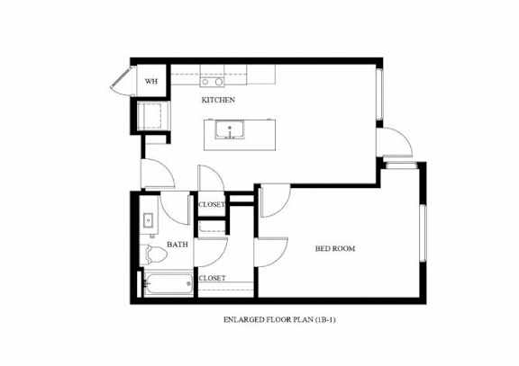 A floor plan of a small house with a kitchen, bathroom and bedroom.