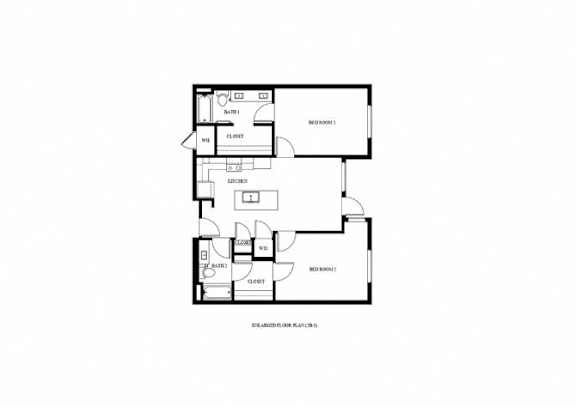 A black and white image of a floor plan for a two bedroom apartment.