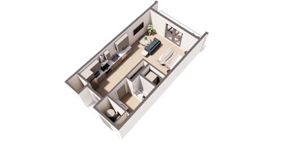Picasso Juene income restricted studio floor plan at Paperbox Lofts in Salt Lake City UT featuring an efficient open concept layout modern kitchen full bathroom and stylish downtown apartment design