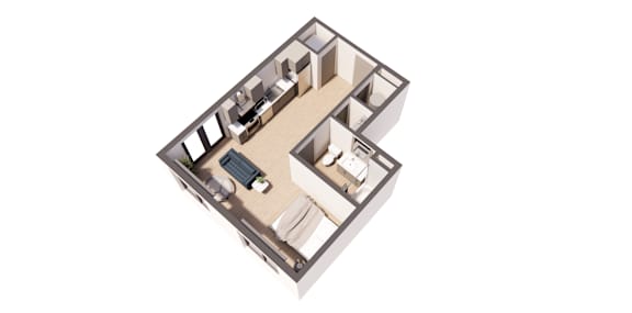 Picasso Rouge income restricted studio floor plan at Paperbox Lofts in Salt Lake City UT featuring an efficient open concept layout modern kitchen full bathroom and stylish downtown apartment design