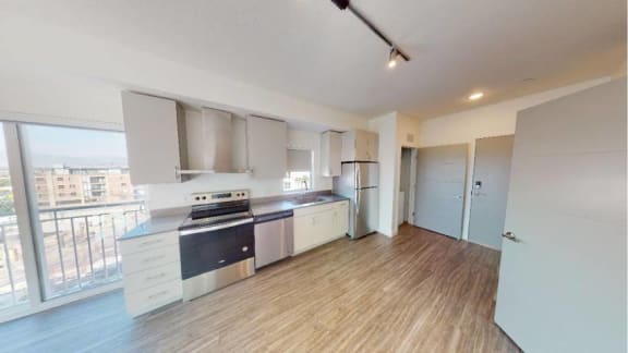 Picasso Bleu Living and Kitchen Overview at Paperbox Lofts, Salt Lake City, 84101
