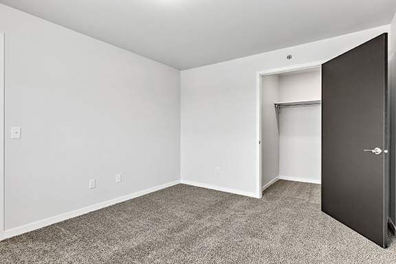 a bedroom with gray carpet and a closet with a black door at Red Rock Apartments, Rapid City, South Dakota