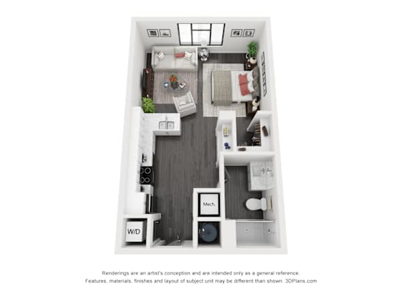 A 3D floor plan of a small apartment with a kitchen, living room, and bathroom.