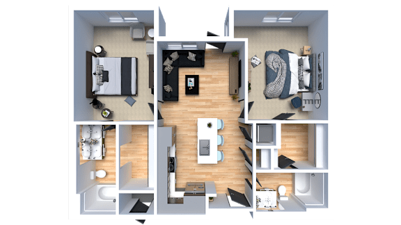 A top-down view of a house layout with a kitchen, living room, and bedrooms.