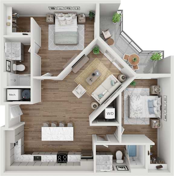A top-down view of a small apartment layout with a kitchen, living room, and bathroom.