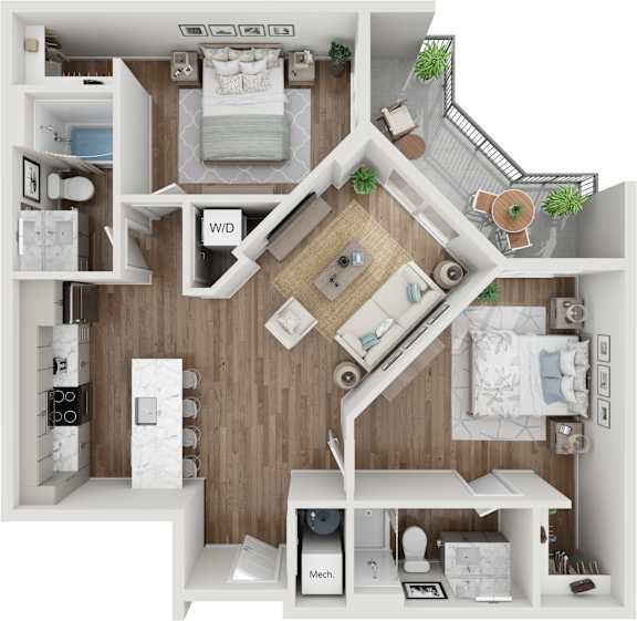 A top-down view of a small apartment layout with a kitchen, living room, and bathroom.